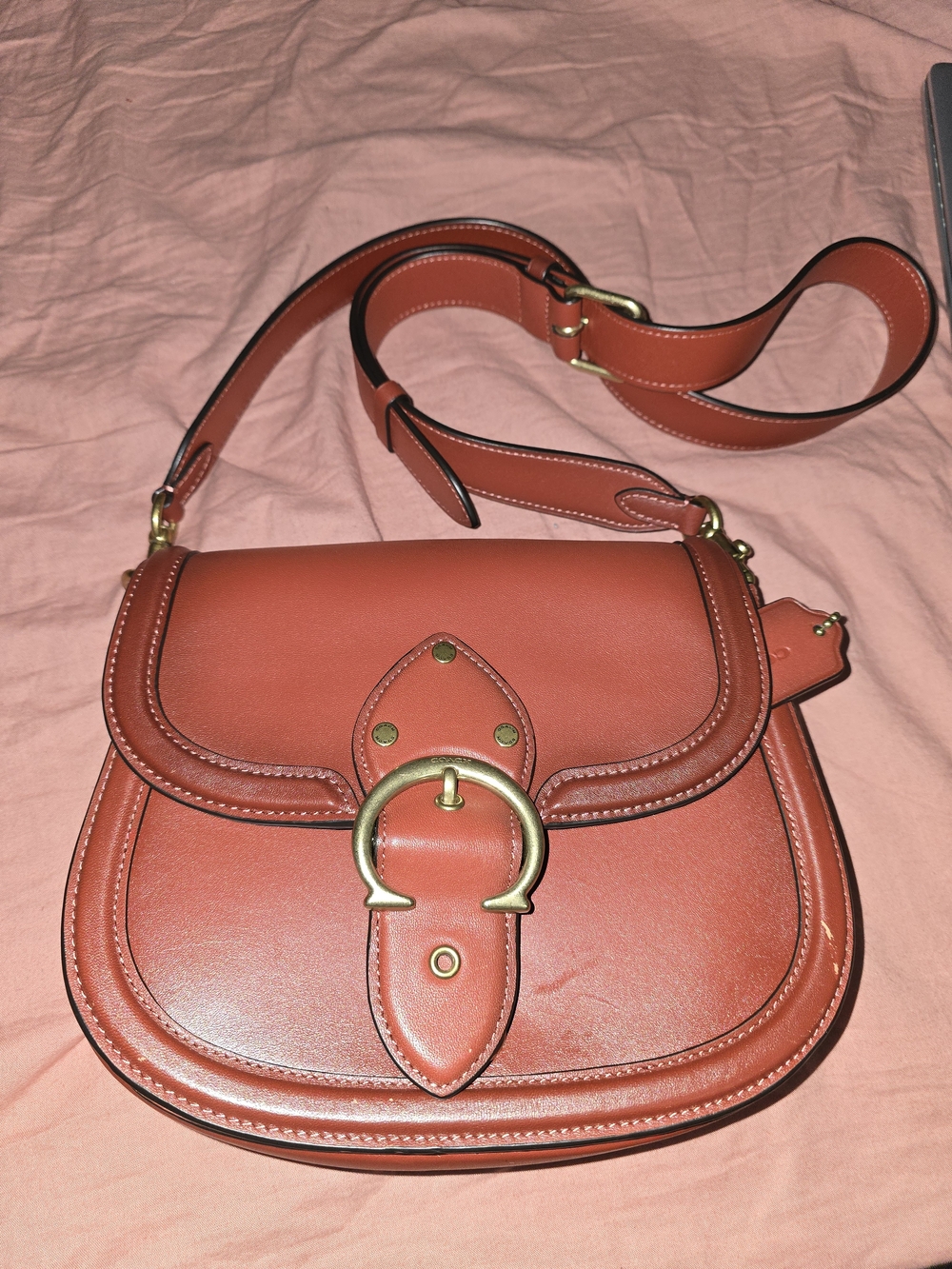 Rust Leather Crossbody Saddle Bag with Gold Hardware